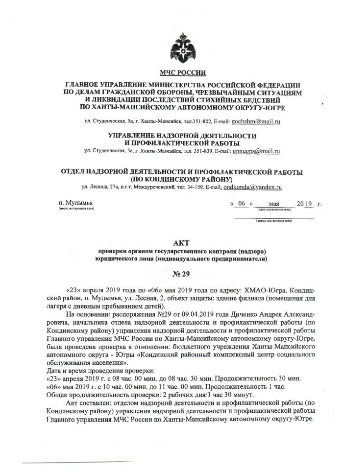 Акт проверки органом государственного контроля (надзора) юридического лица (индивидуального предпринимателя) № 29 от 06.05.2019